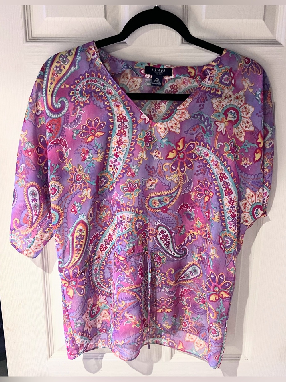 Chaps Women's Purple Paisley Sheer V-Neck Top Size Petite Medium